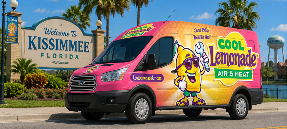 Cool Lemonade branded van infront of the "welcome to Kissimmee Florida" sign