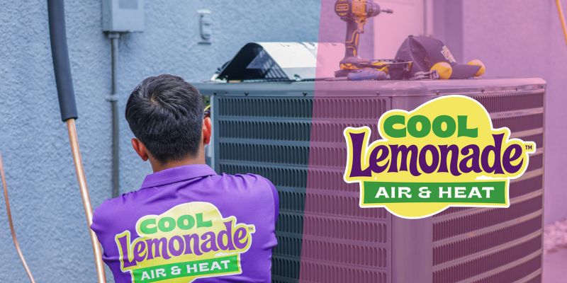 HVAC technician preforming maintenance check up on ac unit outside a house, with a pink overlay on the right side and logo hovering above it