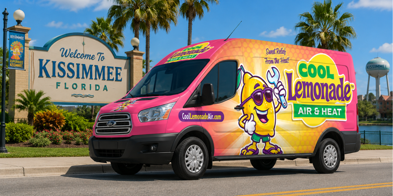 Cool Lemonade branded van infront of the "welcome to Kissimmee Florida" sign
